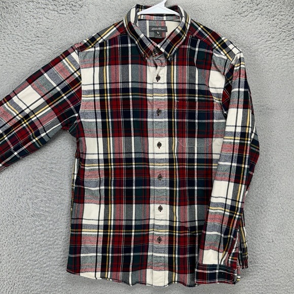 Eddie‎ Bauer Mens Flannel Shirt Medium White Red Plaid Herringbone Button Down - Picture 1 of 9